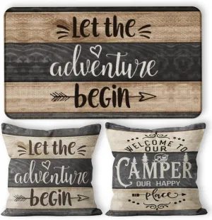 Camper Decor Doormat Pillow Cover Set - 1 * 30''x17'' Camper Rugs for Inside, 2 * 18x18 Camper Pillows Cover, RV Decorations for Inside Camper - Let The Adventure Begin
