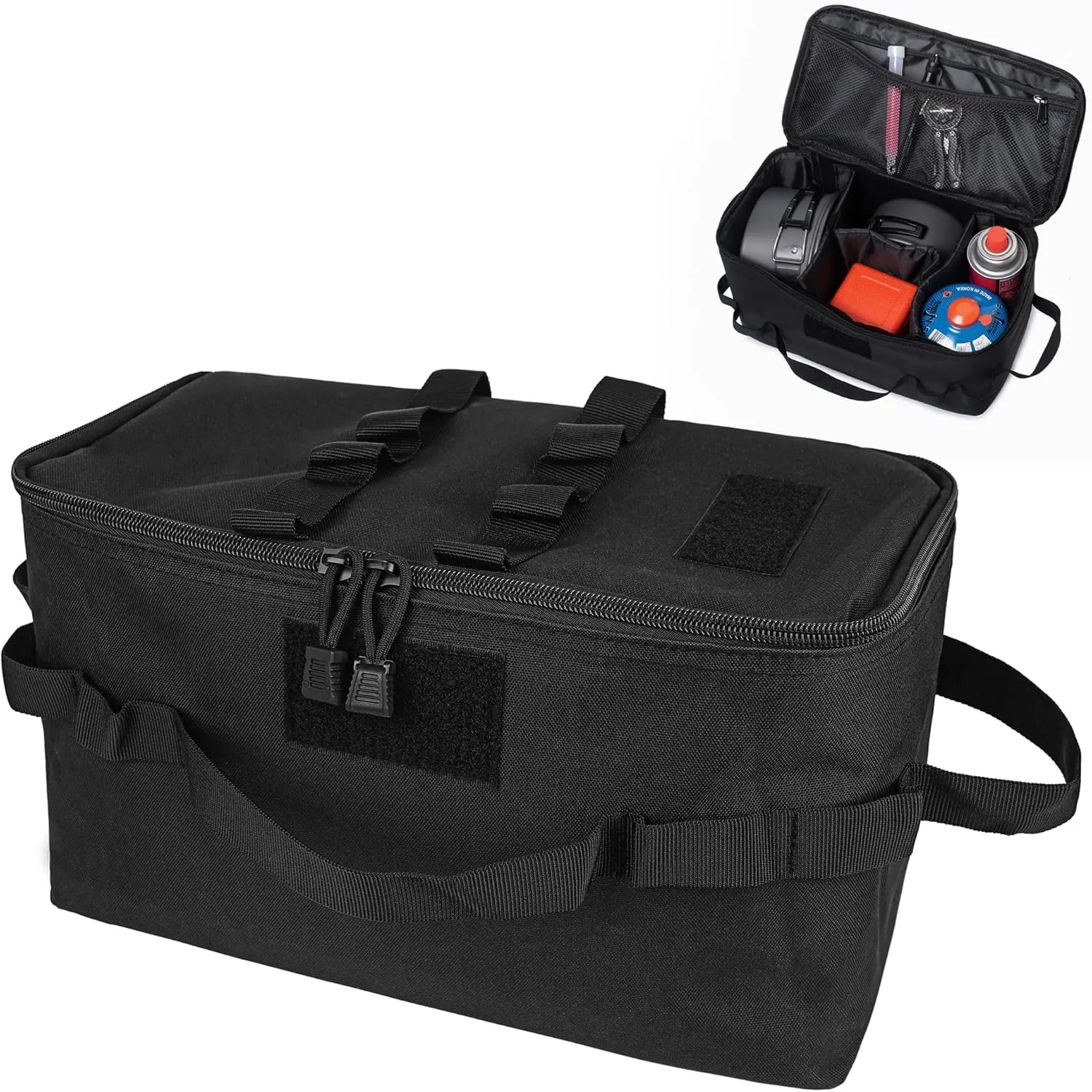 Camping Storage Bags, Utility Tote Bag for Campings Cookware Organizer, Trunk Organizer with Shoulder Strap,Outdoor Garden Tool Bag for Camping, Travel, Picnic, Garage Trunk (Black)
