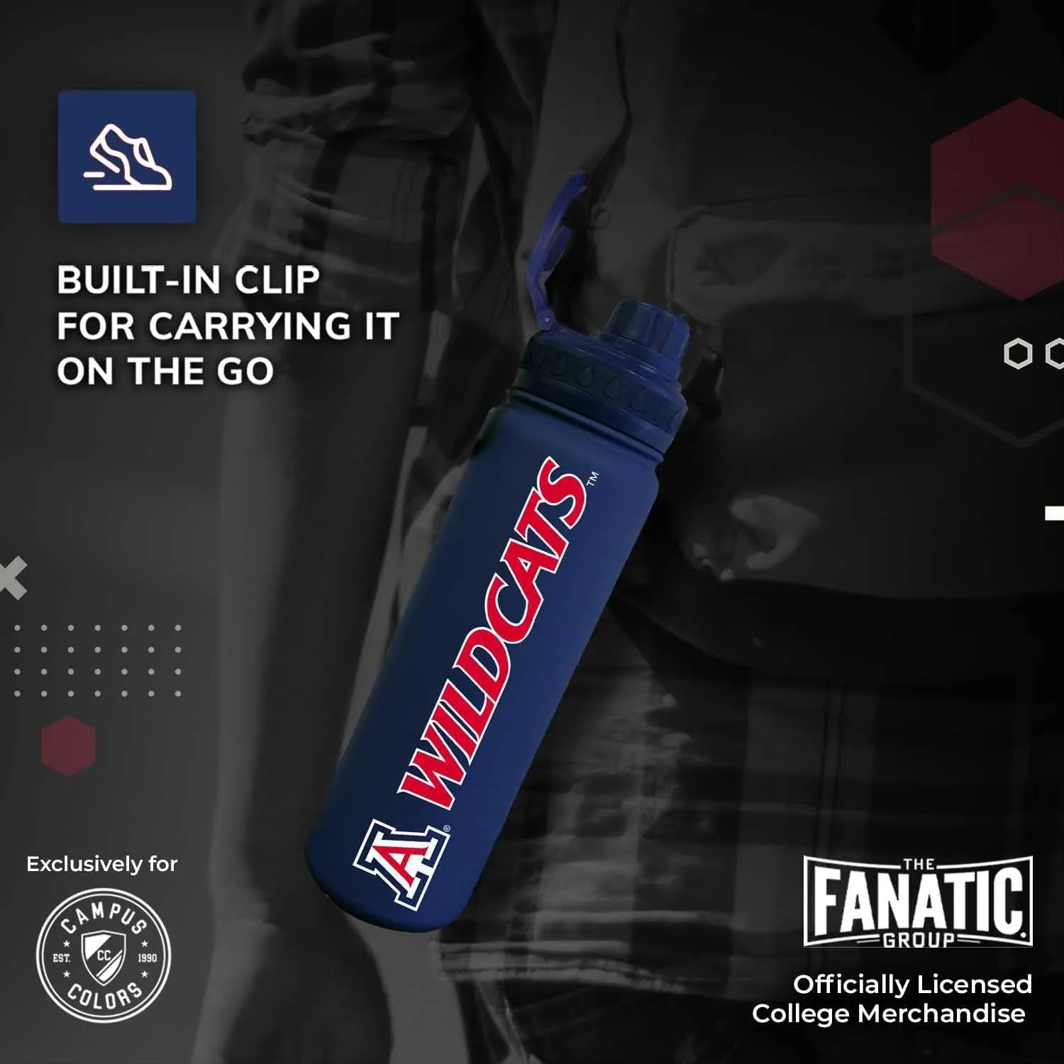 Campus Colors NCAA Stainless Steel Water Bottle - Twist on cap - 24 oz - Carry Clip - Keeps Your Drinks Hot or Cold for Hours (Arizona Wildcats - Navy)