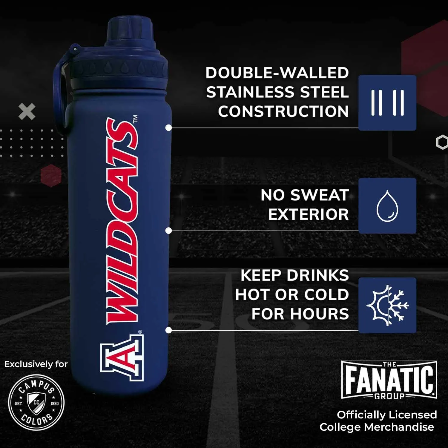 Campus Colors NCAA Stainless Steel Water Bottle - Twist on cap - 24 oz - Carry Clip - Keeps Your Drinks Hot or Cold for Hours (Arizona Wildcats - Navy)
