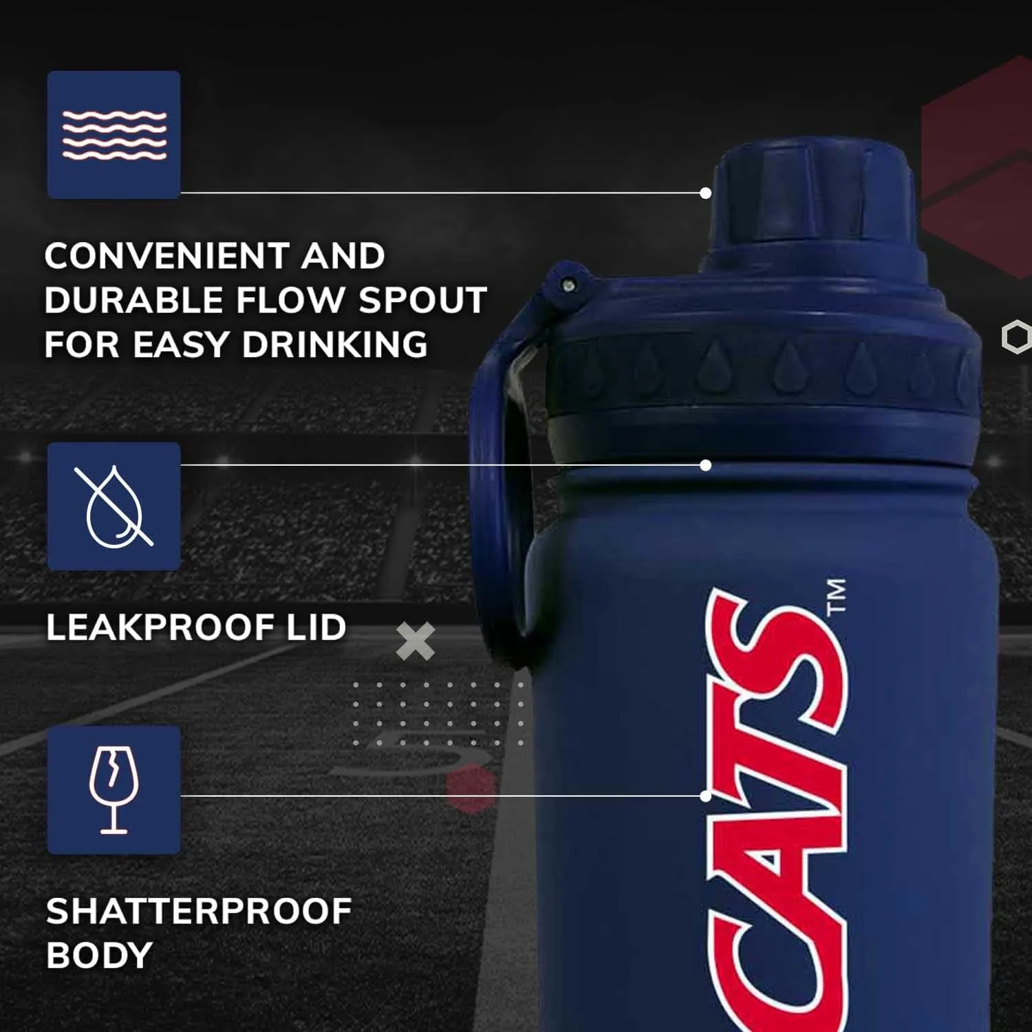 Campus Colors NCAA Stainless Steel Water Bottle - Twist on cap - 24 oz - Carry Clip - Keeps Your Drinks Hot or Cold for Hours (Arizona Wildcats - Navy)
