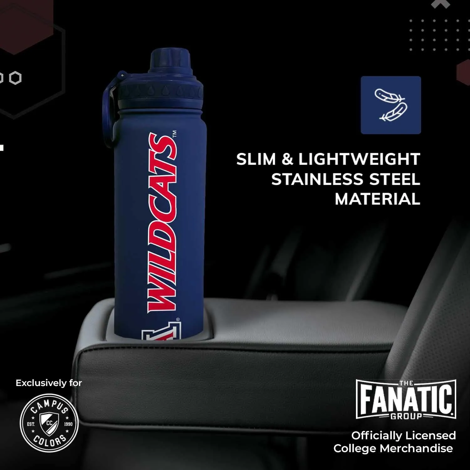Campus Colors NCAA Stainless Steel Water Bottle - Twist on cap - 24 oz - Carry Clip - Keeps Your Drinks Hot or Cold for Hours (Arizona Wildcats - Navy)