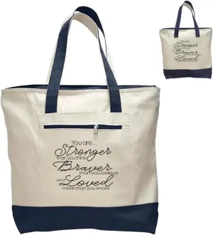 Cancer Chemo Tote Bag for Women Eases Travel to Hospital | Gift to Encourage Her to Feel Strong Loved Supported | Large Canvas with Secure Zipper Pockets - Navy