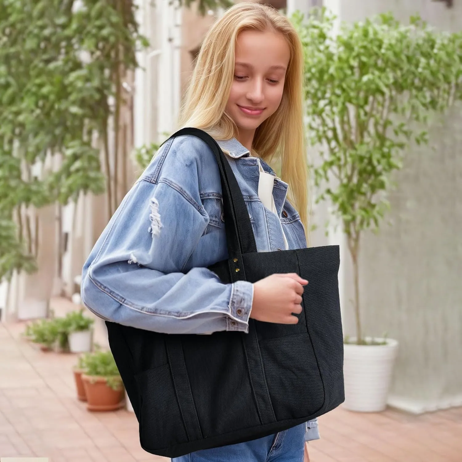 Canvas Tote Bag for Women, Large Canvas Tote Bag with 2 Front Pockets Laptop Compartment, Work, Beach, Gym Essentials