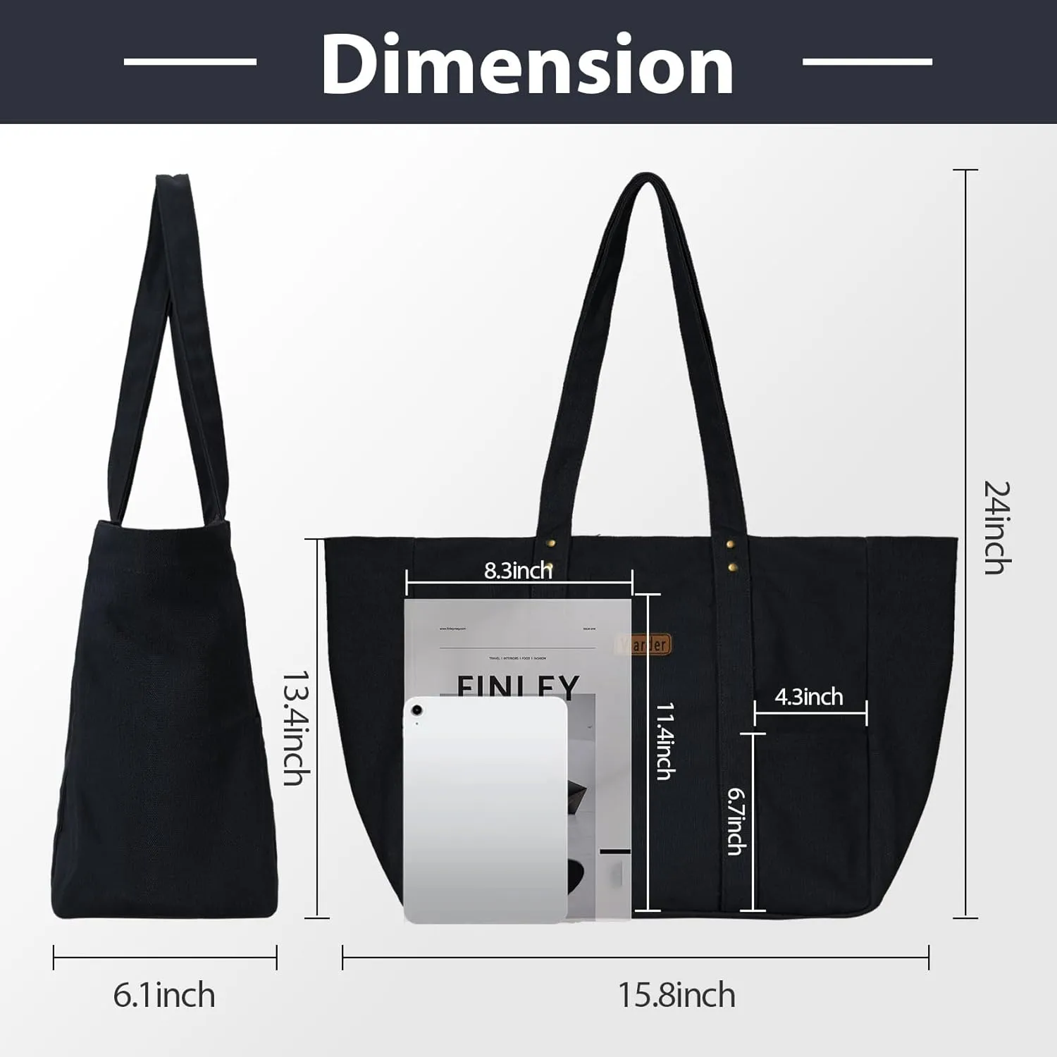 Canvas Tote Bag for Women, Large Canvas Tote Bag with 2 Front Pockets Laptop Compartment, Work, Beach, Gym Essentials