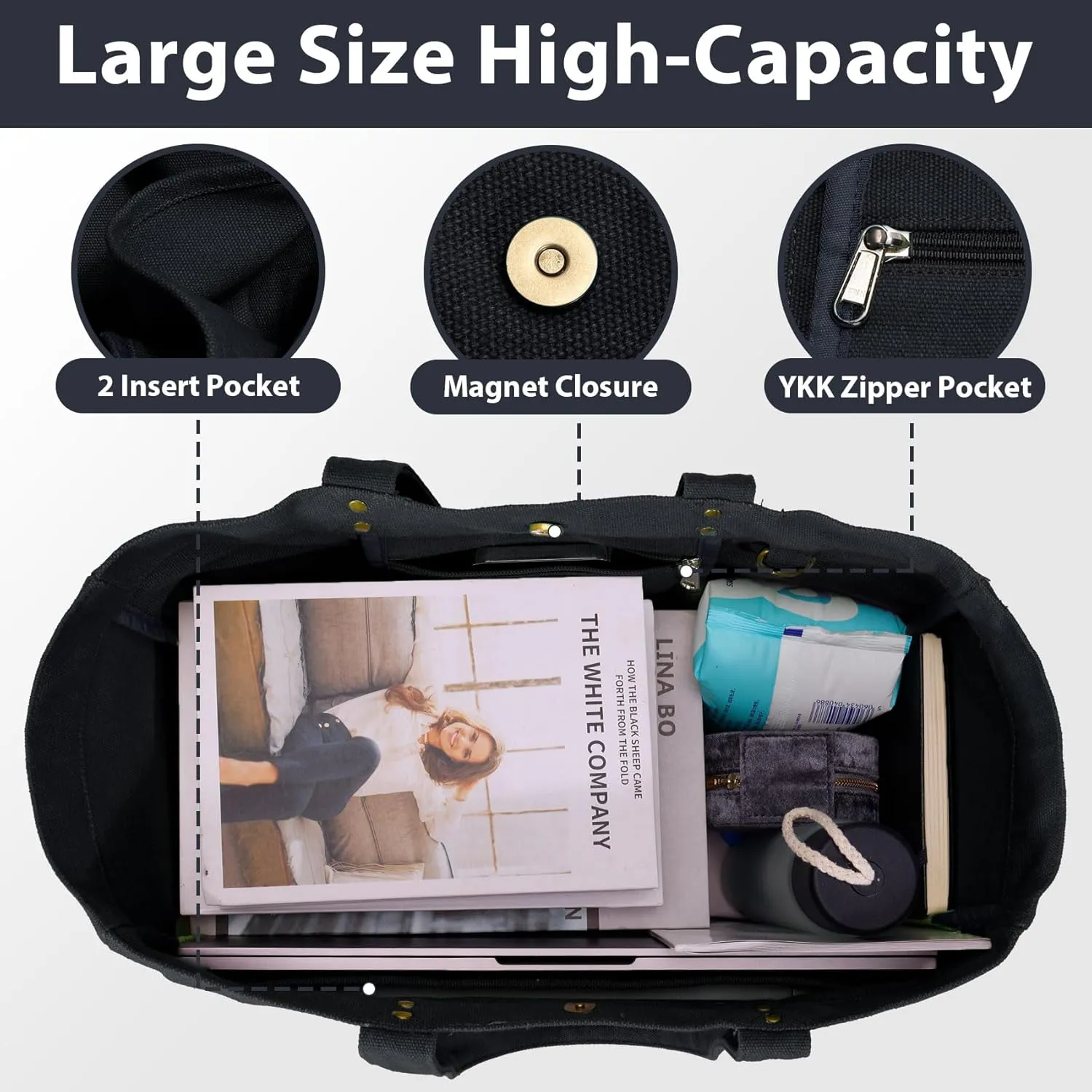 Canvas Tote Bag for Women, Large Canvas Tote Bag with 2 Front Pockets Laptop Compartment, Work, Beach, Gym Essentials