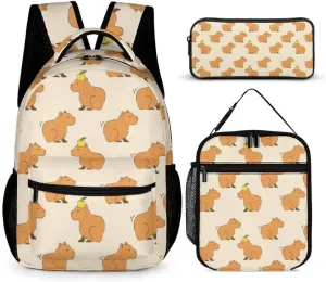 Capybara Backpack with Lunch Box & Pencil Case, 16 Inch Cute Capybara Themed Bookbag, Adjustable Lightweight Large Capacity, Colorful Capybara Backpack Set for Kids Girls Boys School