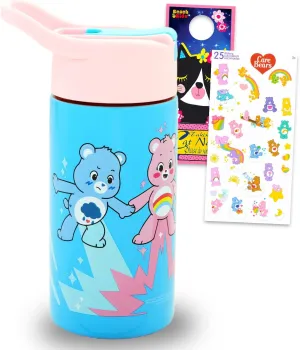 Care Bears Stainless Steel Water Bottle for Girls - Bundle with 14 Oz Drinking Cup For Home, School, and Sports, Plus Stickers, More | Care Bears Water Bottle with Straw