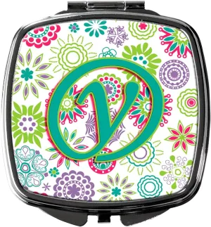 Caroline's Treasures CJ2011-YSCM Letter Y Flowers Pink Teal Green Initial Compact Mirror Decorative Travel Makeup Mirror for Women Girls Gifts Pocket Makeup Mirror Folding Handheld
