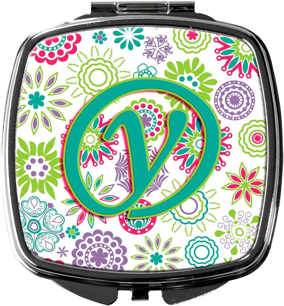 Caroline's Treasures CJ2011-YSCM Letter Y Flowers Pink Teal Green Initial Compact Mirror Decorative Travel Makeup Mirror for Women Girls Gifts Pocket Makeup Mirror Folding Handheld