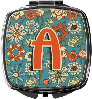 Caroline's Treasures CJ2012-ASCM Letter A Flowers Retro Blue Compact Mirror Decorative Travel Makeup Mirror for Women Girls Gifts Pocket Makeup Mirror Folding Handheld