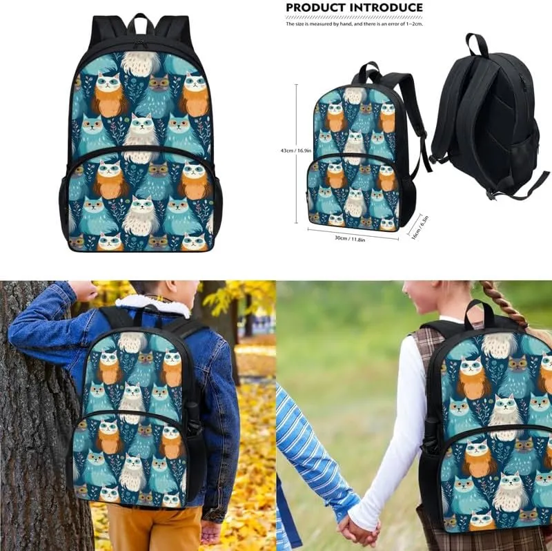 Cartoon Floral Cat Preschool Backpack Kindergarten Elementary School Toddler Colorful Kitten Cats Backpacks With Lunch Bag Pencil Case Set for Boys and Girls