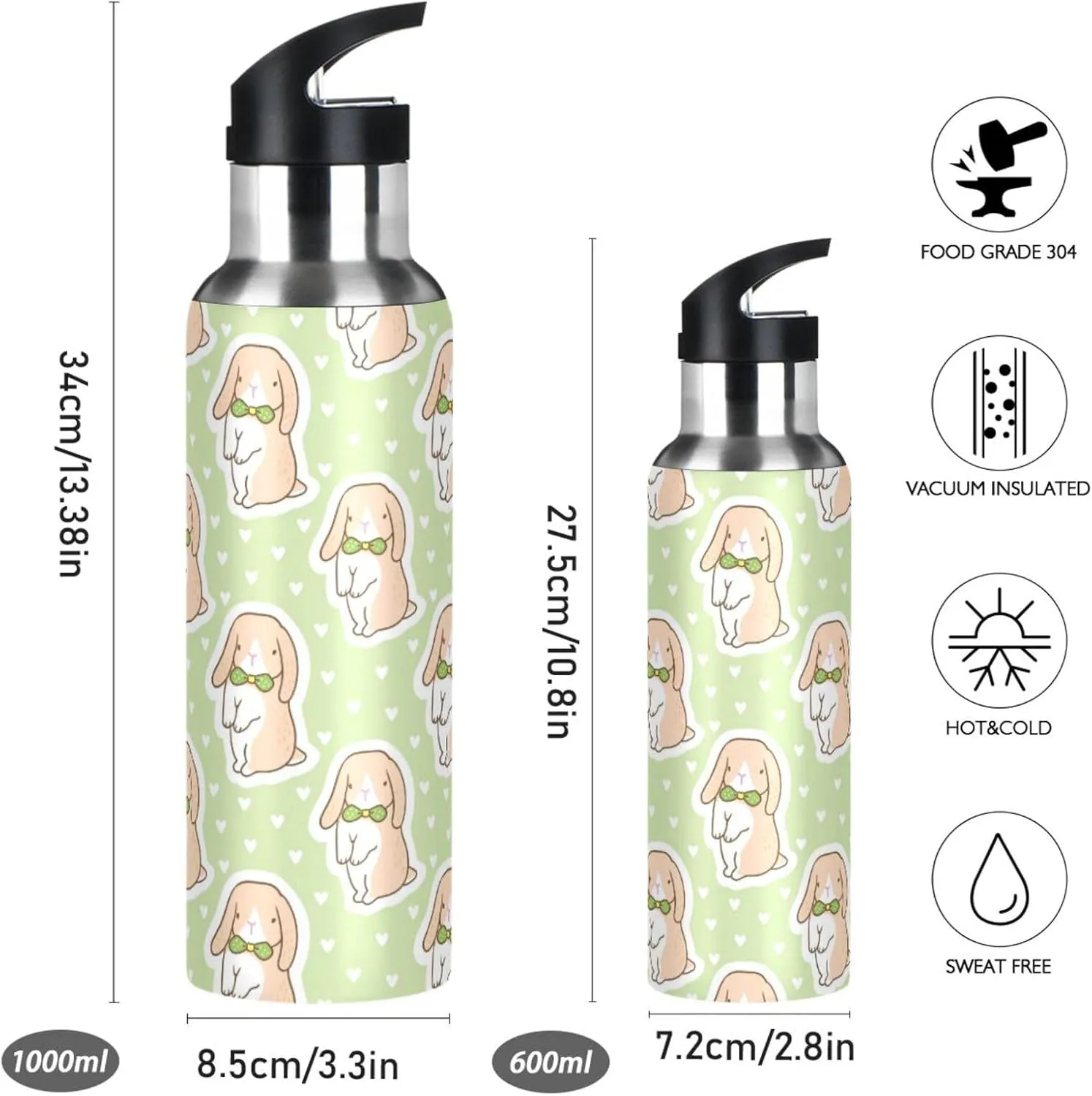 Cartoon Rabbit Water Bottle with Straw Lid Double Wall Hearts Thermos Bottle Vacuum Insulated Flask Stainless Steel Water Bottle for Gym Outdoor 20 OZ