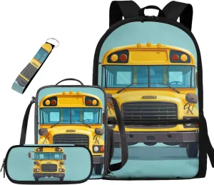 Cartoon School Bus Kids Backpack for Boys Cute School Backpack Sets with Lunch Bag Pencil Box for Elementary School 4 In 1 School Bookbag Set 17 Inch School Bags with Adjustable Strap