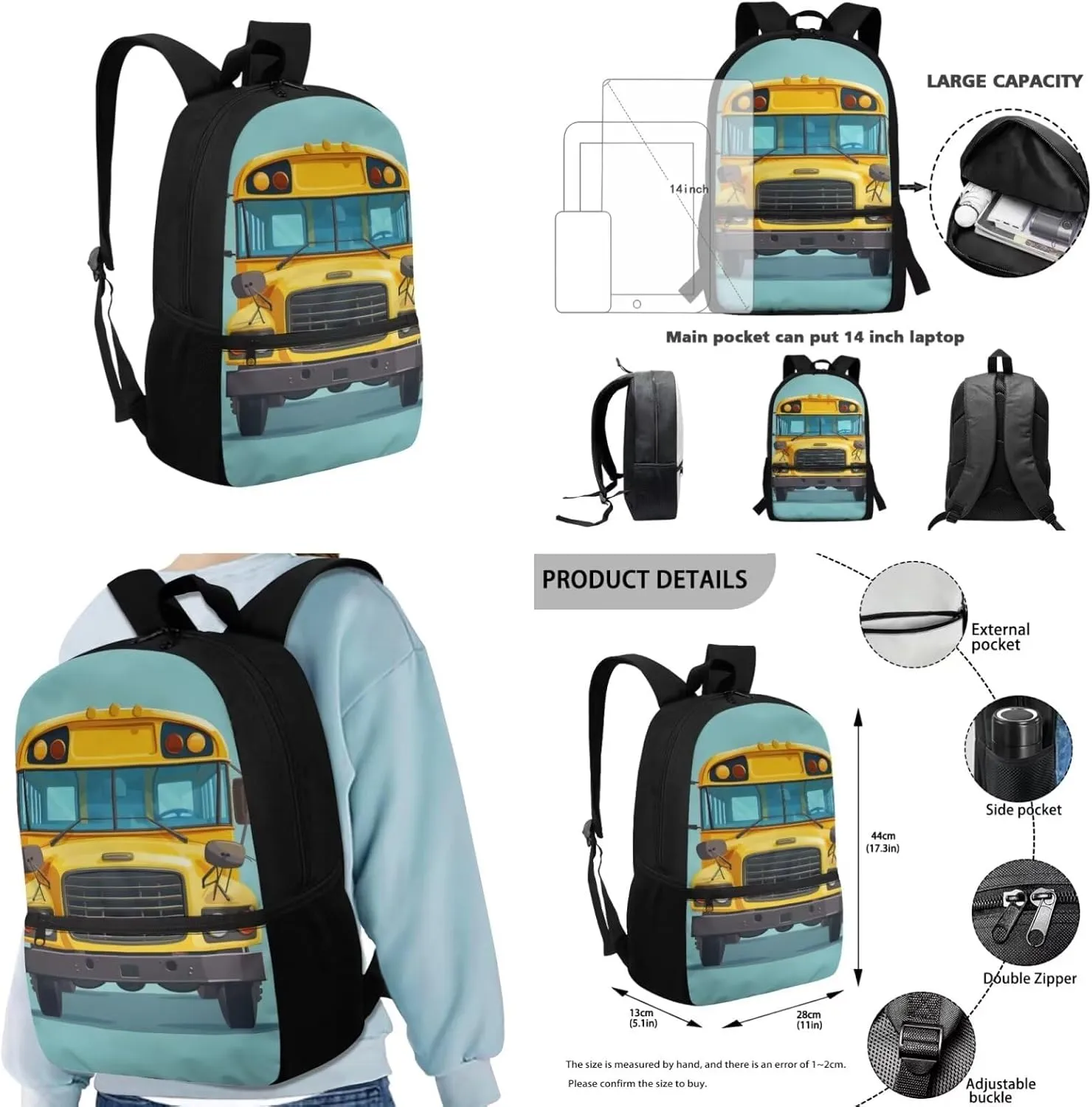 Cartoon School Bus Kids Backpack for Boys Cute School Backpack Sets with Lunch Bag Pencil Box for Elementary School 4 In 1 School Bookbag Set 17 Inch School Bags with Adjustable Strap