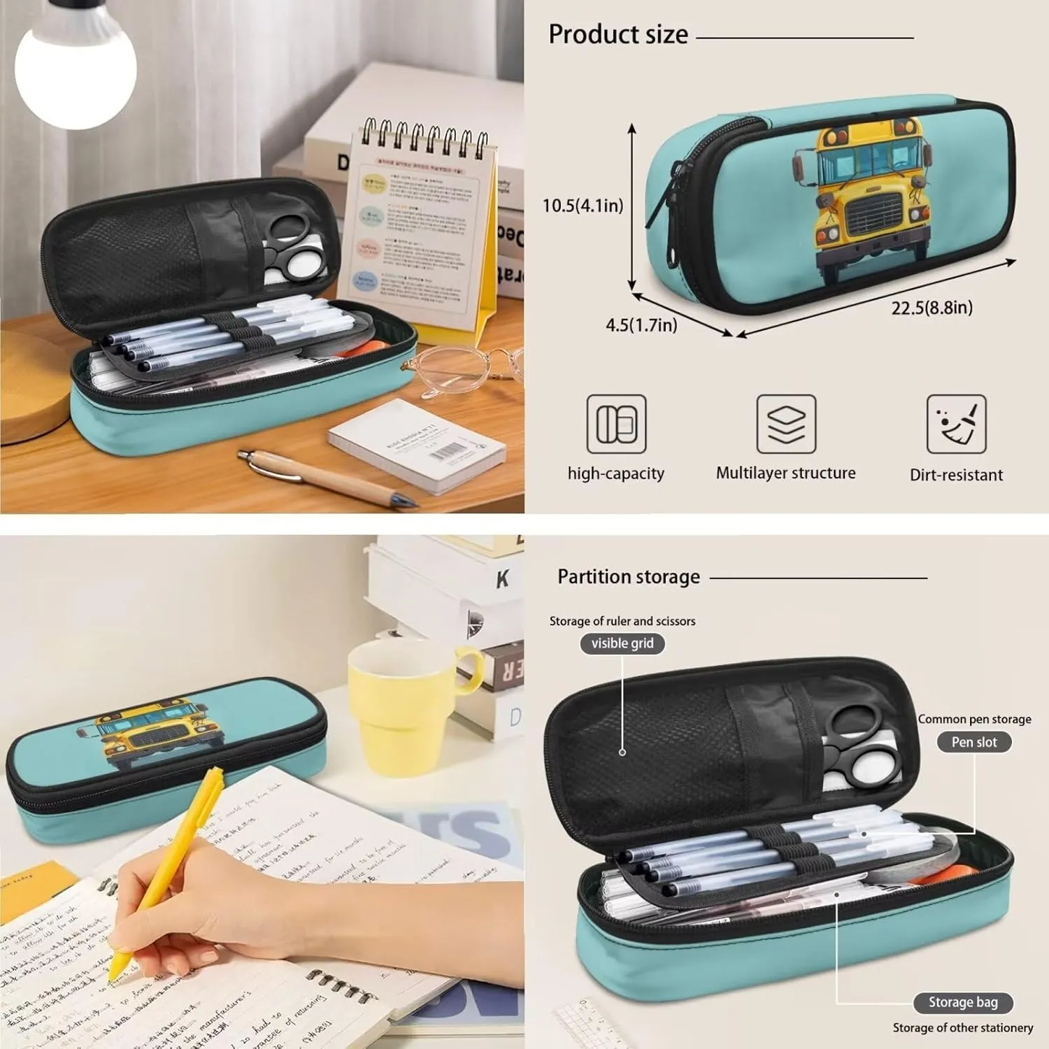 Cartoon School Bus Kids Backpack for Boys Cute School Backpack Sets with Lunch Bag Pencil Box for Elementary School 4 In 1 School Bookbag Set 17 Inch School Bags with Adjustable Strap