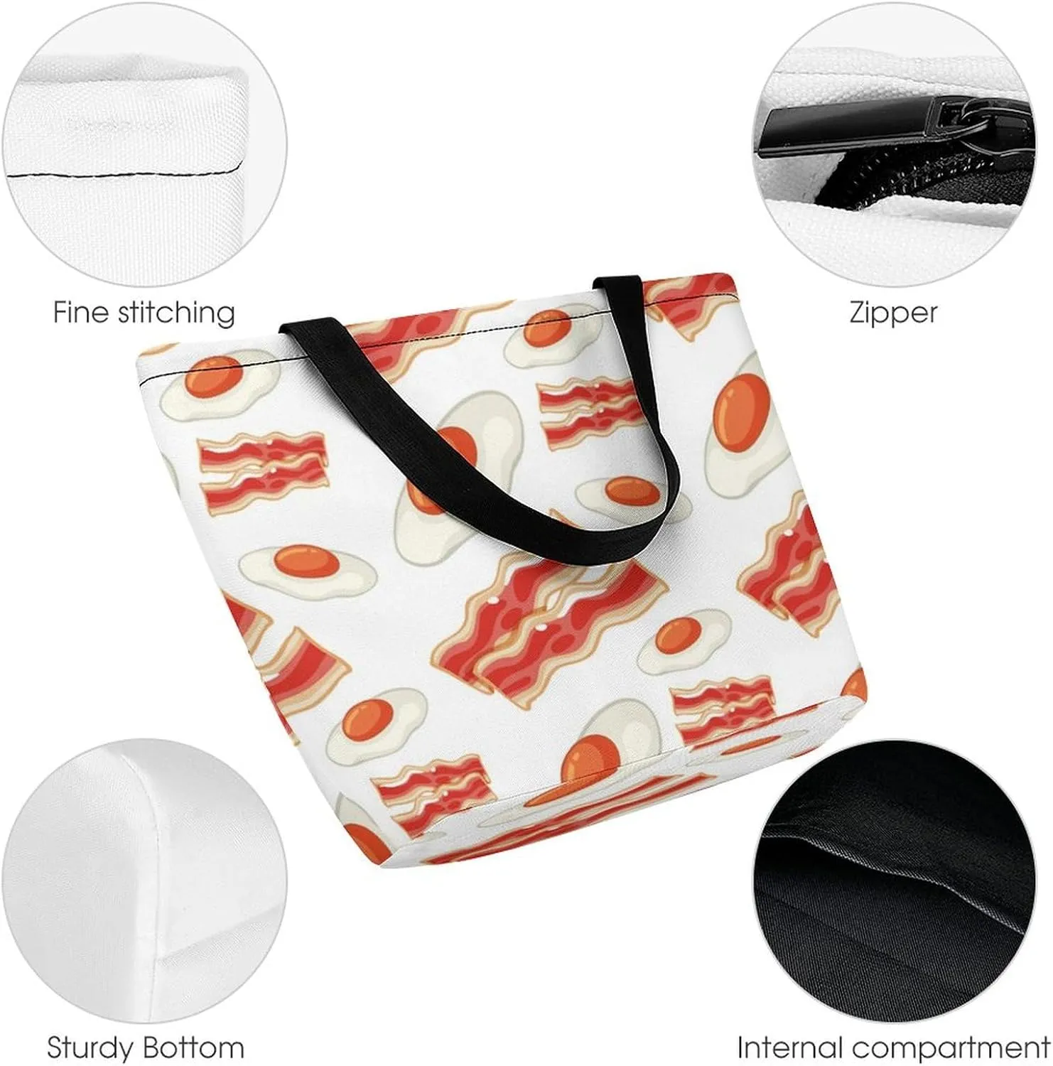 Cartoon with Bacon And Eggs Women's Tote Bag Reusable Handbag for Shopping Work Travel Big Capacity