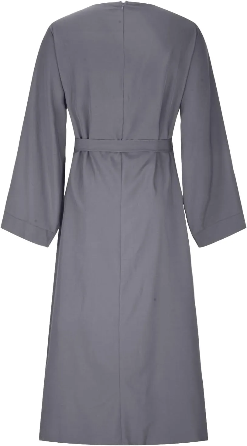 Casual Dresses for Women Plus Size Long Sleeve Tie Waist Pleated Maxi Dress Oversized Solid Crewneck Loose Dresses