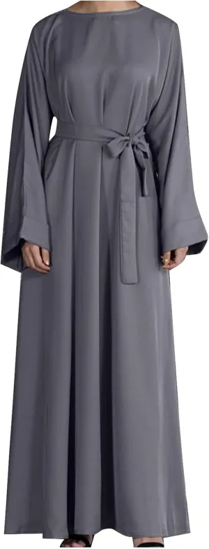 Casual Dresses for Women Plus Size Long Sleeve Tie Waist Pleated Maxi Dress Oversized Solid Crewneck Loose Dresses