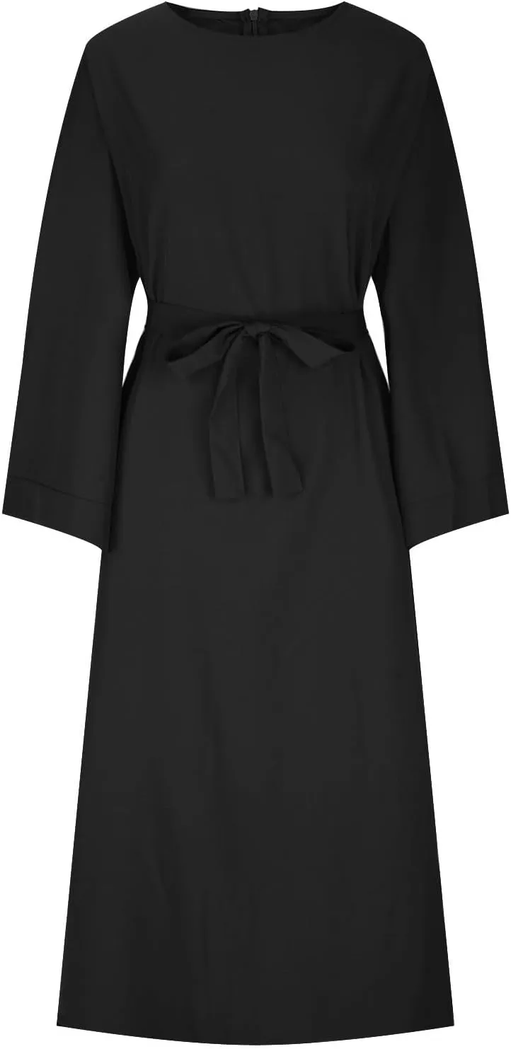 Casual Dresses for Women Plus Size Long Sleeve Tie Waist Pleated Maxi Dress Oversized Solid Crewneck Loose Dresses