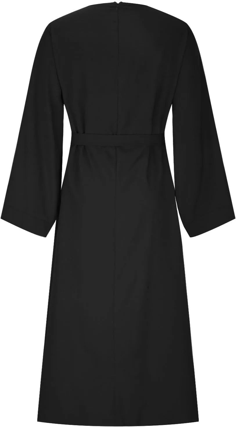 Casual Dresses for Women Plus Size Long Sleeve Tie Waist Pleated Maxi Dress Oversized Solid Crewneck Loose Dresses