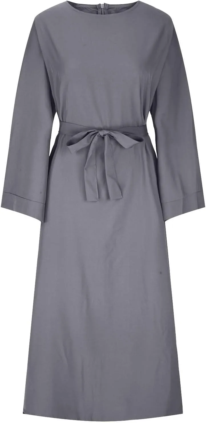 Casual Dresses for Women Plus Size Long Sleeve Tie Waist Pleated Maxi Dress Oversized Solid Crewneck Loose Dresses