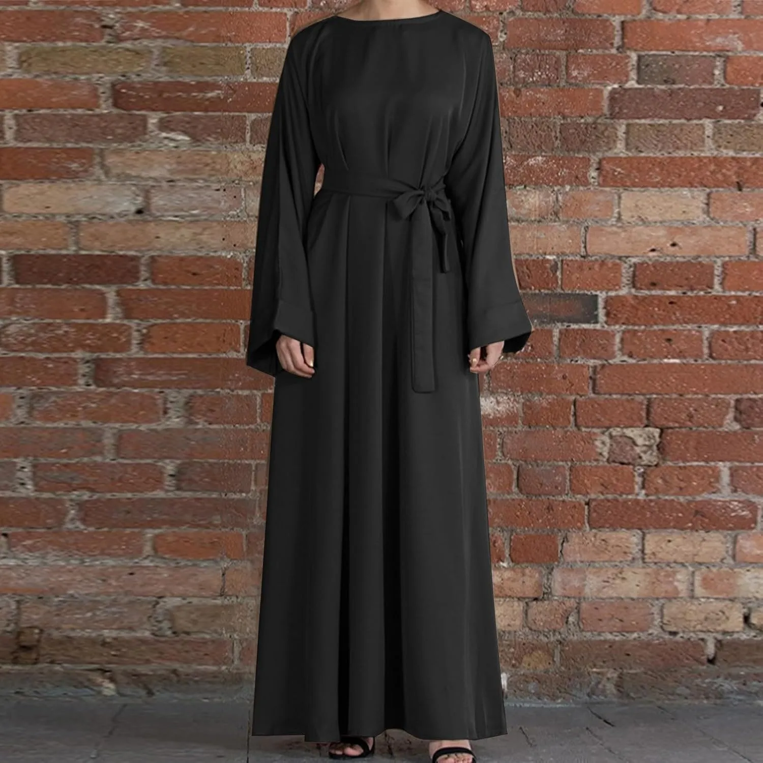 Casual Dresses for Women Plus Size Long Sleeve Tie Waist Pleated Maxi Dress Oversized Solid Crewneck Loose Dresses
