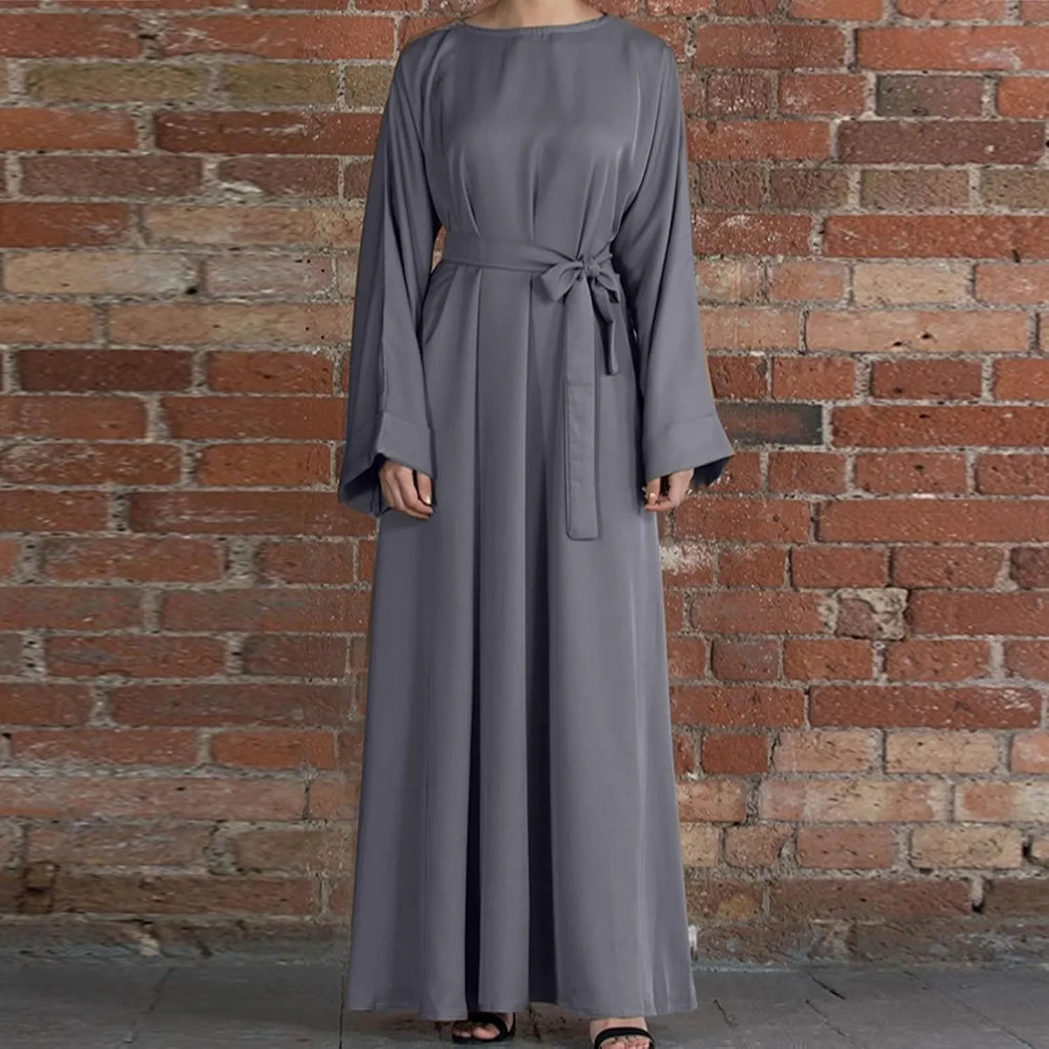 Casual Dresses for Women Plus Size Long Sleeve Tie Waist Pleated Maxi Dress Oversized Solid Crewneck Loose Dresses