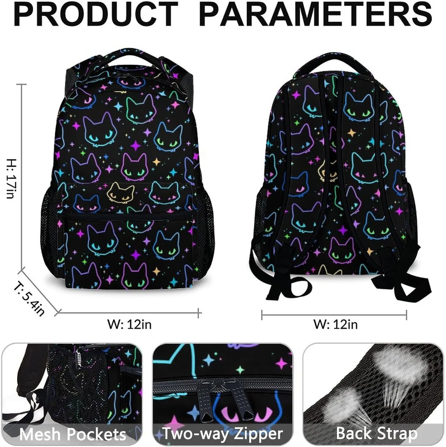 Cat School Backpack for Kids, 17 Inch Backpack for Girls Boys, Colorful Lightweight School Bag for Preschool, Primary, Kindergarten, Back to School Gifts