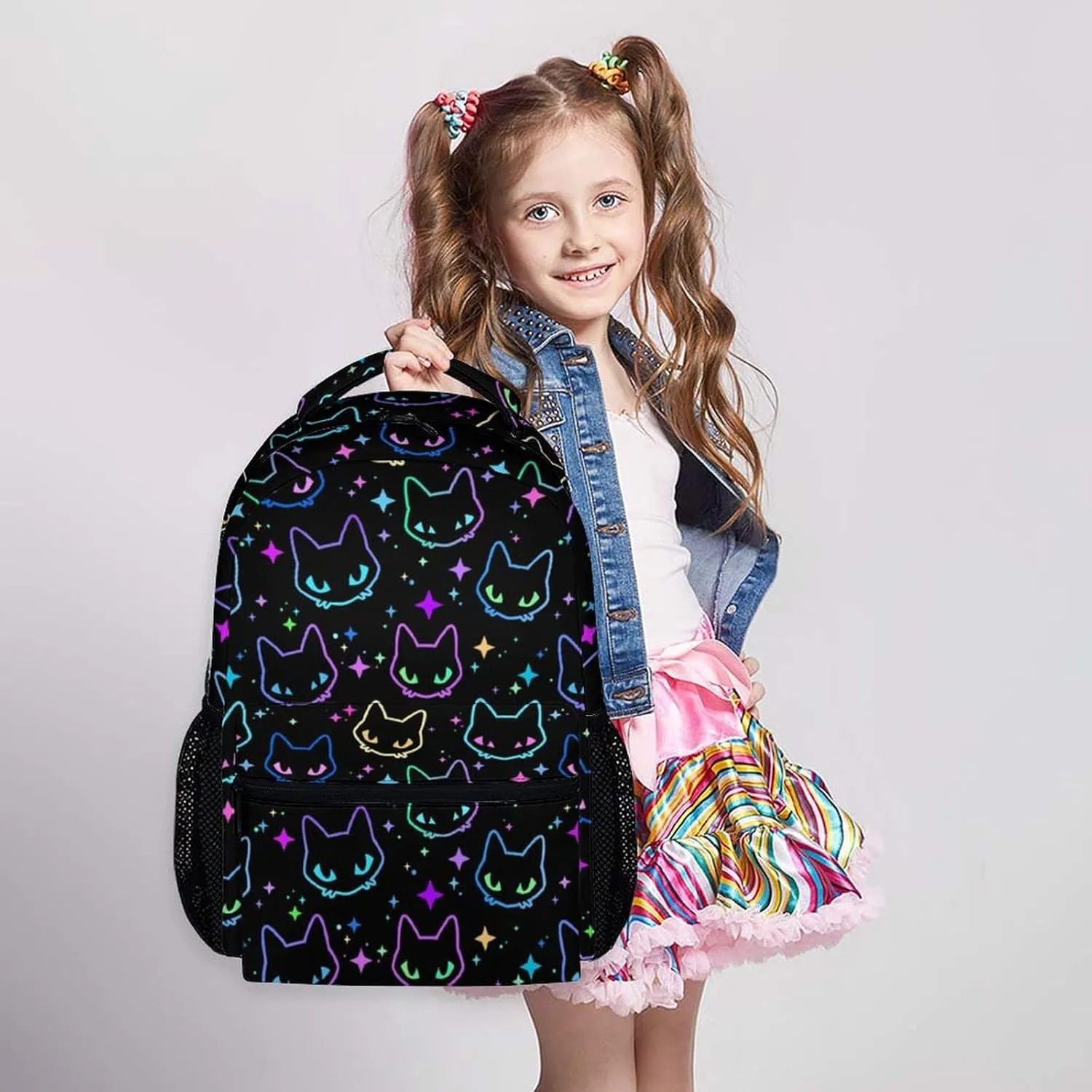 Cat School Backpack for Kids, 17 Inch Backpack for Girls Boys, Colorful Lightweight School Bag for Preschool, Primary, Kindergarten, Back to School Gifts