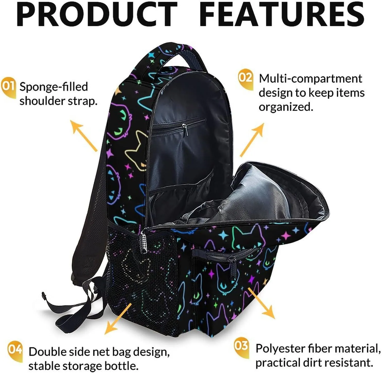 Cat School Backpack for Kids, 17 Inch Backpack for Girls Boys, Colorful Lightweight School Bag for Preschool, Primary, Kindergarten, Back to School Gifts
