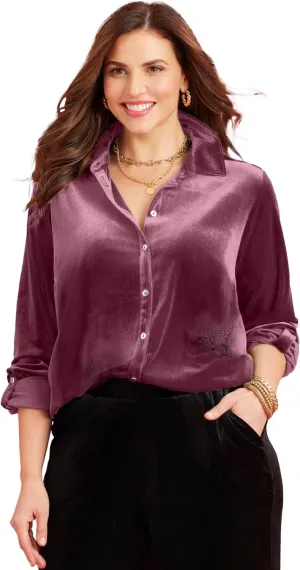 Catherines Women's Plus Size Petite Anywear Velvet Buttonfront Shirt