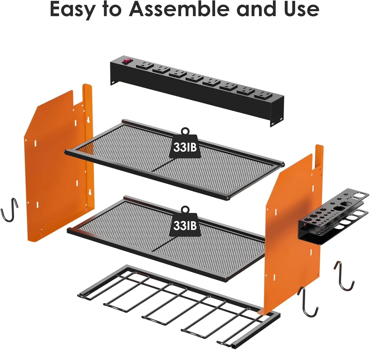 CCCEI Modular Power Tool Organizer Wall Mount with Charging Station. Garage 4 Drill Storage Shelf with Hooks, Drill Bit Heavy Duty Rack, Orange Tool Battery Holder Built in 8 Outlet Power Strip.