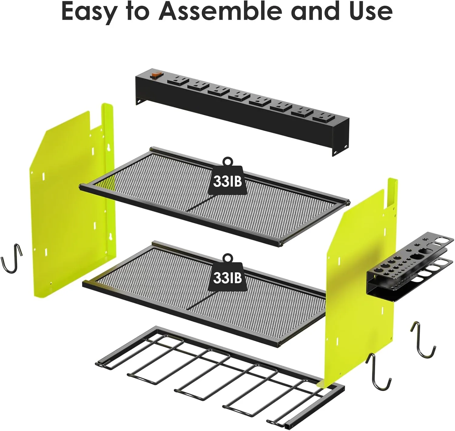 CCCEI Modular Power Tool Organizer Wall Mount with Charging Station. Garage 4 Drill Storage Shelf with Hooks, Screwdriver, Drill Bit Heavy Duty Rack, Tool Battery Holder Built in 8 Outlet Power Strip.