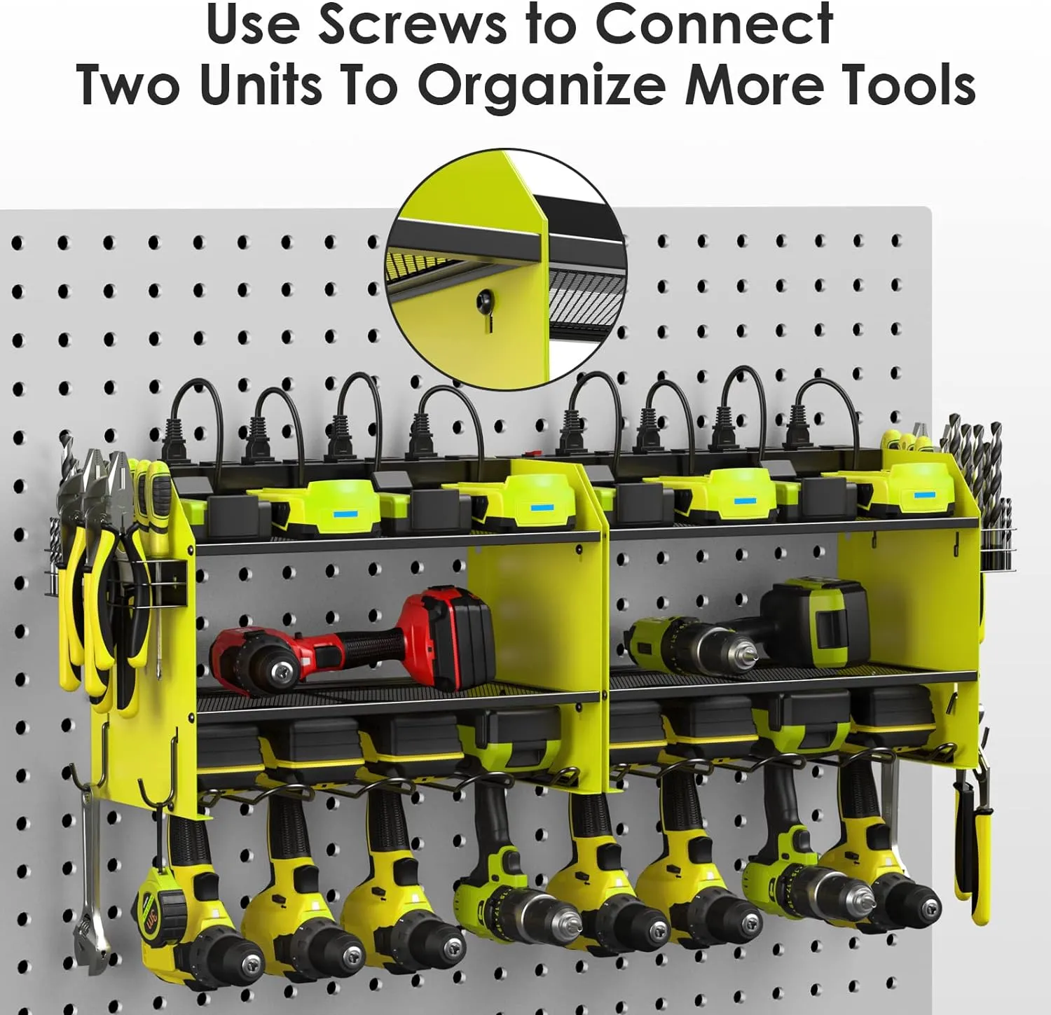 CCCEI Modular Power Tool Organizer Wall Mount with Charging Station. Garage 4 Drill Storage Shelf with Hooks, Screwdriver, Drill Bit Heavy Duty Rack, Tool Battery Holder Built in 8 Outlet Power Strip.