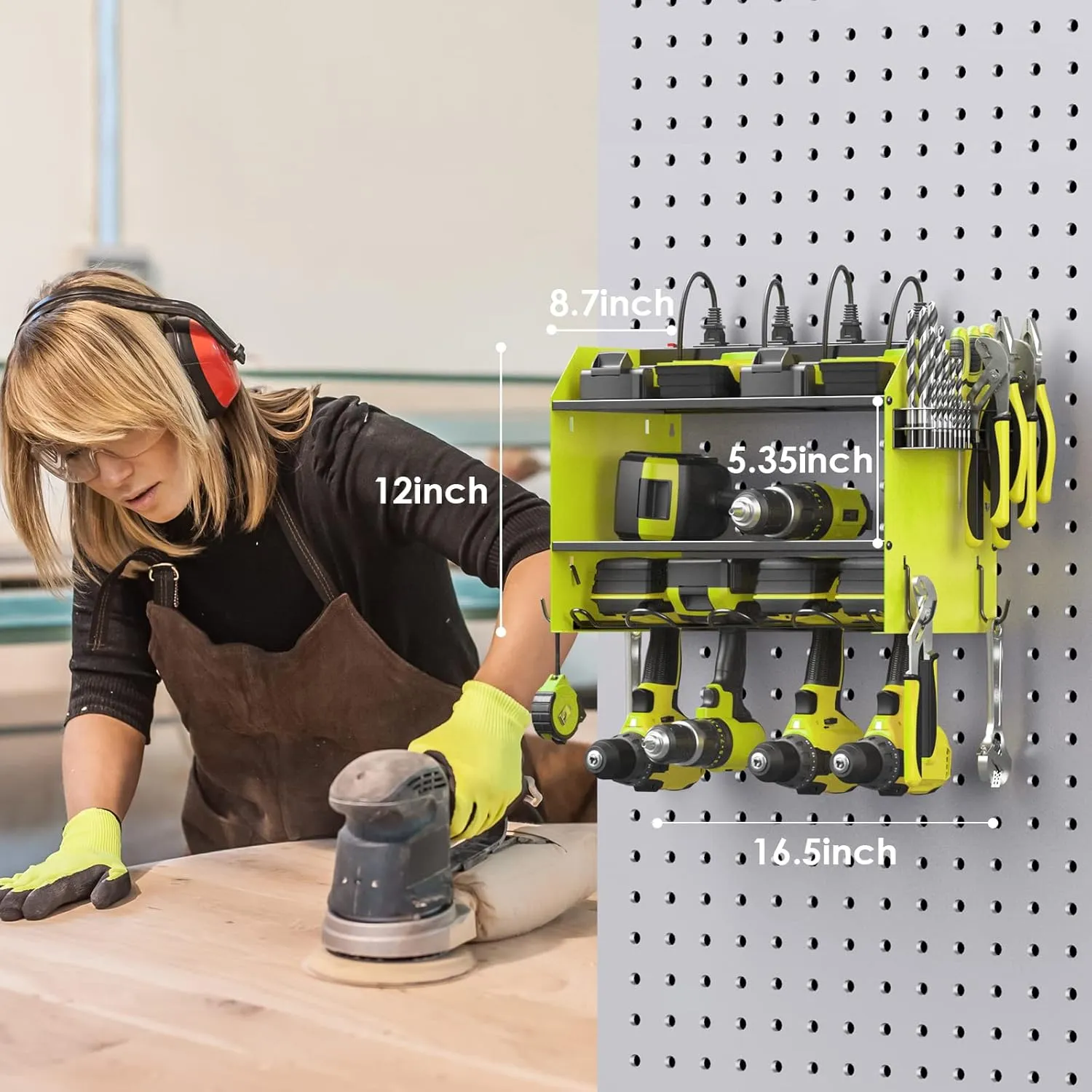 CCCEI Modular Power Tool Organizer Wall Mount with Charging Station. Garage 4 Drill Storage Shelf with Hooks, Screwdriver, Drill Bit Heavy Duty Rack, Tool Battery Holder Built in 8 Outlet Power Strip.
