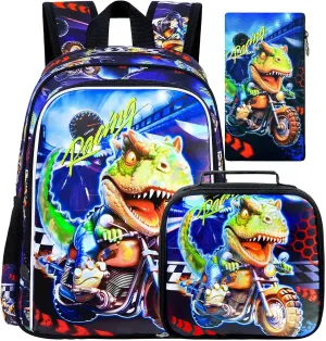 CCJPX 3PCS Dinosaur Backpack for Boys, 16 Inch Kids Water Resistant Preschool Bookbags with Lunch Box, Cool Elementary School Bag for Kindergarten Toddler