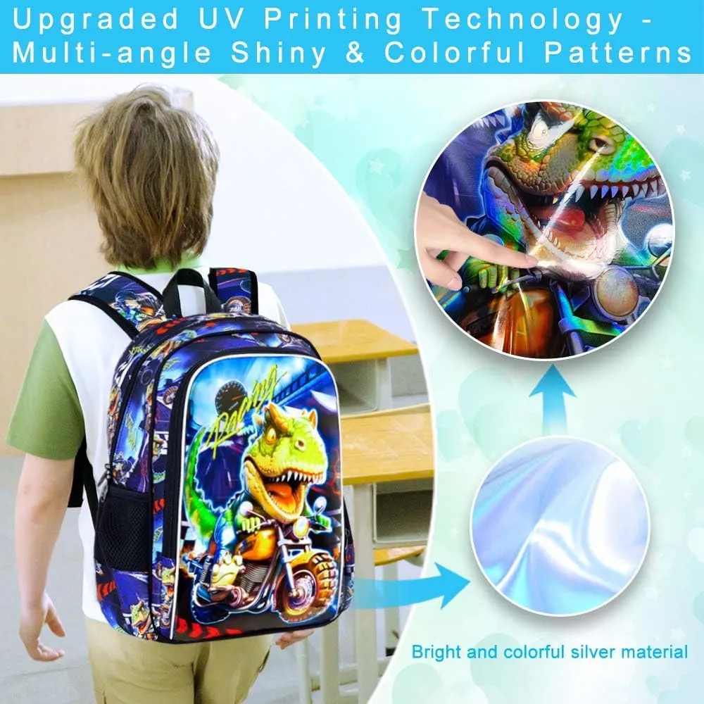 CCJPX 3PCS Dinosaur Backpack for Boys, 16 Inch Kids Water Resistant Preschool Bookbags with Lunch Box, Cool Elementary School Bag for Kindergarten Toddler