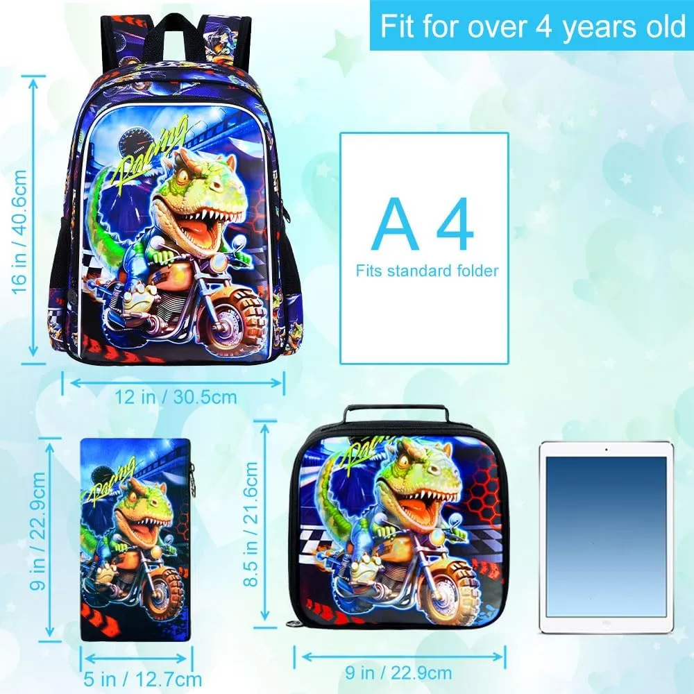 CCJPX 3PCS Dinosaur Backpack for Boys, 16 Inch Kids Water Resistant Preschool Bookbags with Lunch Box, Cool Elementary School Bag for Kindergarten Toddler