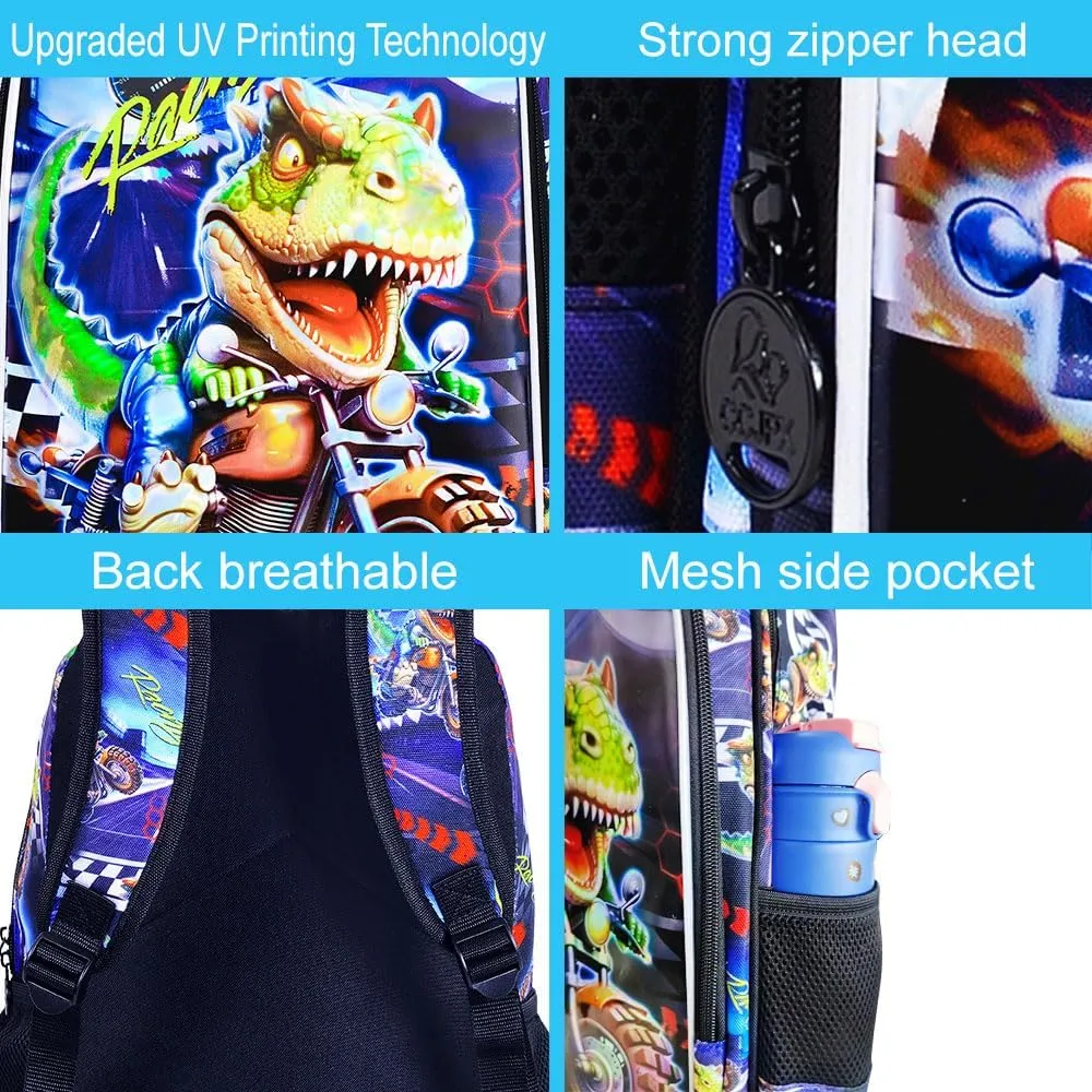 CCJPX 3PCS Dinosaur Backpack for Boys, 16 Inch Kids Water Resistant Preschool Bookbags with Lunch Box, Cool Elementary School Bag for Kindergarten Toddler