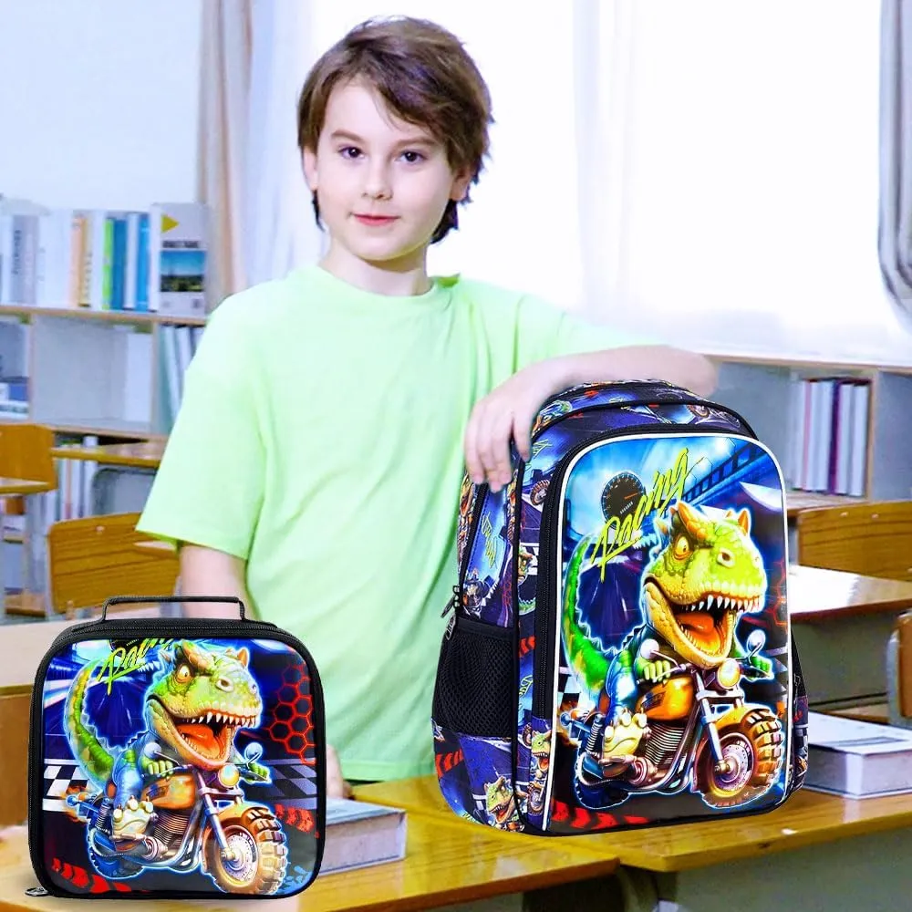 CCJPX 3PCS Dinosaur Backpack for Boys, 16 Inch Kids Water Resistant Preschool Bookbags with Lunch Box, Cool Elementary School Bag for Kindergarten Toddler