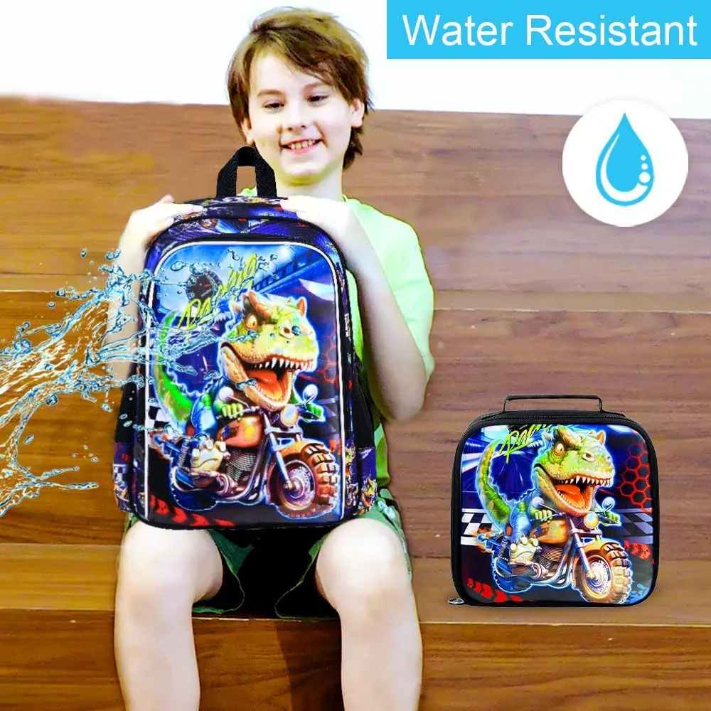 CCJPX 3PCS Dinosaur Backpack for Boys, 16 Inch Kids Water Resistant Preschool Bookbags with Lunch Box, Cool Elementary School Bag for Kindergarten Toddler