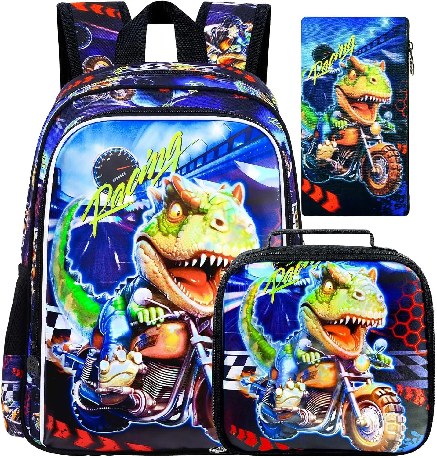 CCJPX 3PCS Dinosaur Backpack for Boys, 16 Inch Kids Water Resistant Preschool Bookbags with Lunch Box, Cool Elementary School Bag for Kindergarten Toddler
