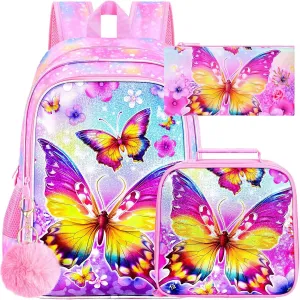 CCJPX 3PCS Kids Backpack for Girls, 16 Inch Butterfly Preschool School Backpacks with Lunch Box, Water Resistant Bookbag for Elementary Toddler Travel