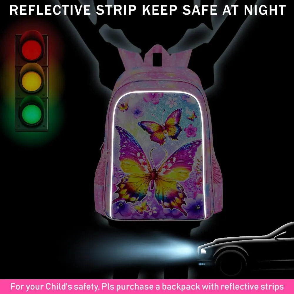 CCJPX 3PCS Kids Backpack for Girls, 16 Inch Butterfly Preschool School Backpacks with Lunch Box, Water Resistant Bookbag for Elementary Toddler Travel