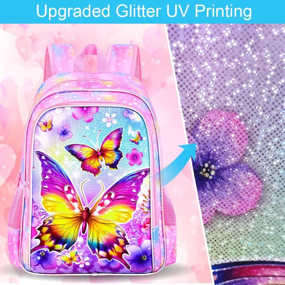 CCJPX 3PCS Kids Backpack for Girls, 16 Inch Butterfly Preschool School Backpacks with Lunch Box, Water Resistant Bookbag for Elementary Toddler Travel