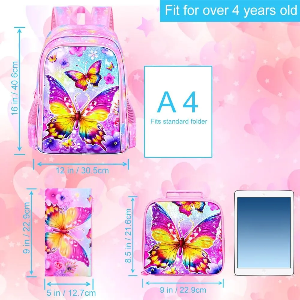 CCJPX 3PCS Kids Backpack for Girls, 16 Inch Butterfly Preschool School Backpacks with Lunch Box, Water Resistant Bookbag for Elementary Toddler Travel