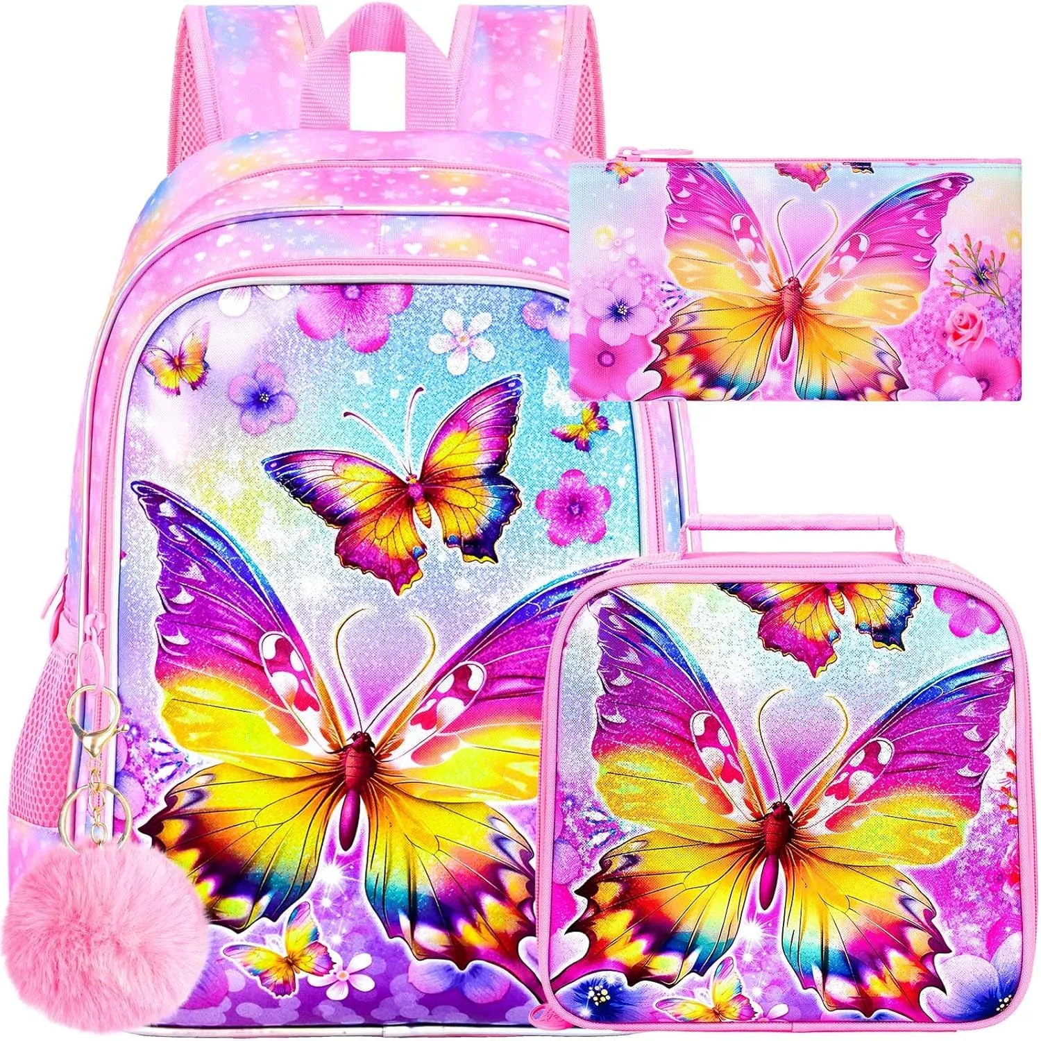 CCJPX 3PCS Kids Backpack for Girls, 16 Inch Butterfly Preschool School Backpacks with Lunch Box, Water Resistant Bookbag for Elementary Toddler Travel