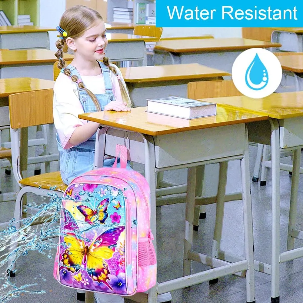 CCJPX 3PCS Kids Backpack for Girls, 16 Inch Butterfly Preschool School Backpacks with Lunch Box, Water Resistant Bookbag for Elementary Toddler Travel