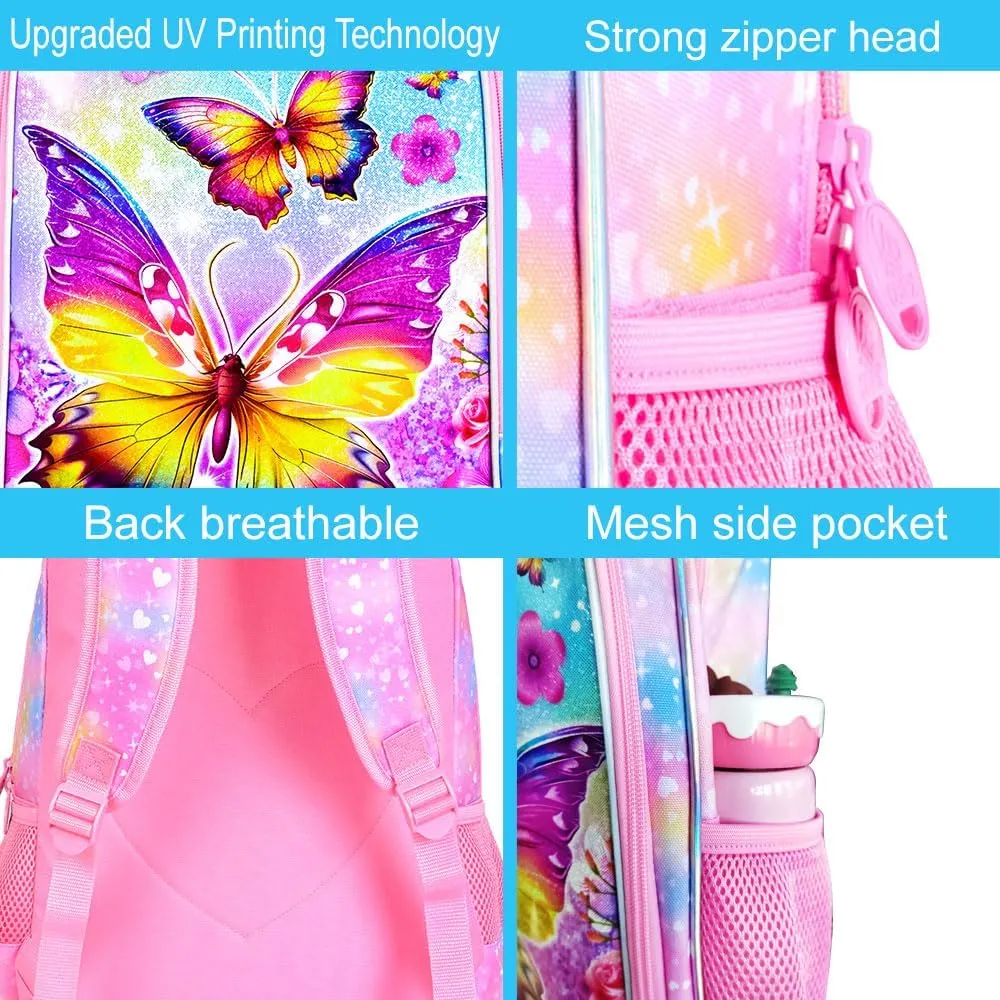 CCJPX 3PCS Kids Backpack for Girls, 16 Inch Butterfly Preschool School Backpacks with Lunch Box, Water Resistant Bookbag for Elementary Toddler Travel